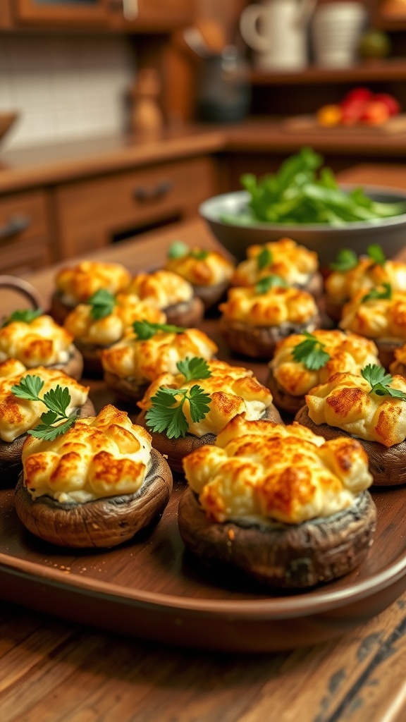 A platter of golden stuffed mushrooms filled with cheese and herbs, garnished with parsley on a rustic table.